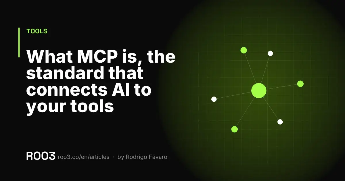 Abstract illustration of a single connector linking several systems to a central point, in neon green on a black background.