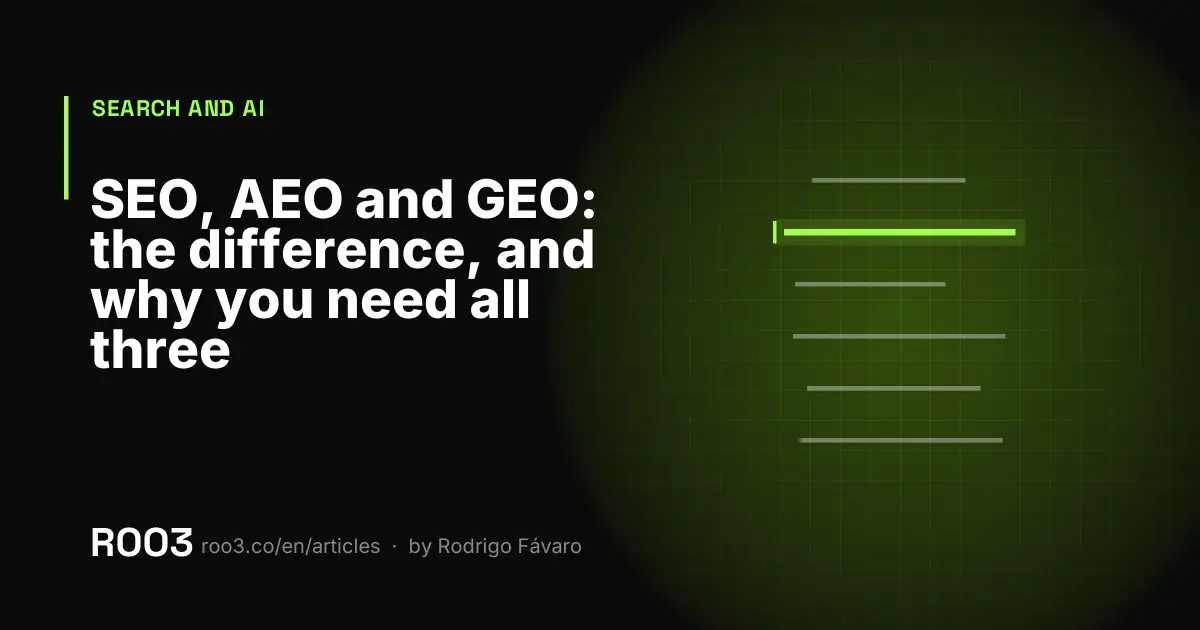 Abstract illustration with three overlapping layers in neon green on black, representing a list of links, an answer block and generated text.