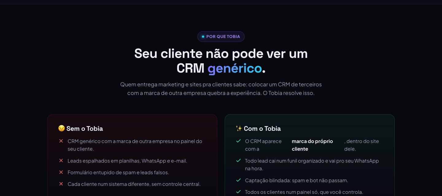 Por que Tobia: o CRM com a marca do próprio cliente